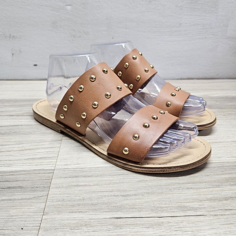 Niccolo Vacari Brown Leather Double Strap Sandals Size 9 Gold Studded Slides